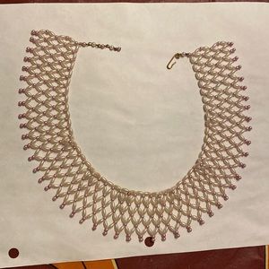 Beaded collar plastic beads necklace pearl pink & pearl gold tone hook